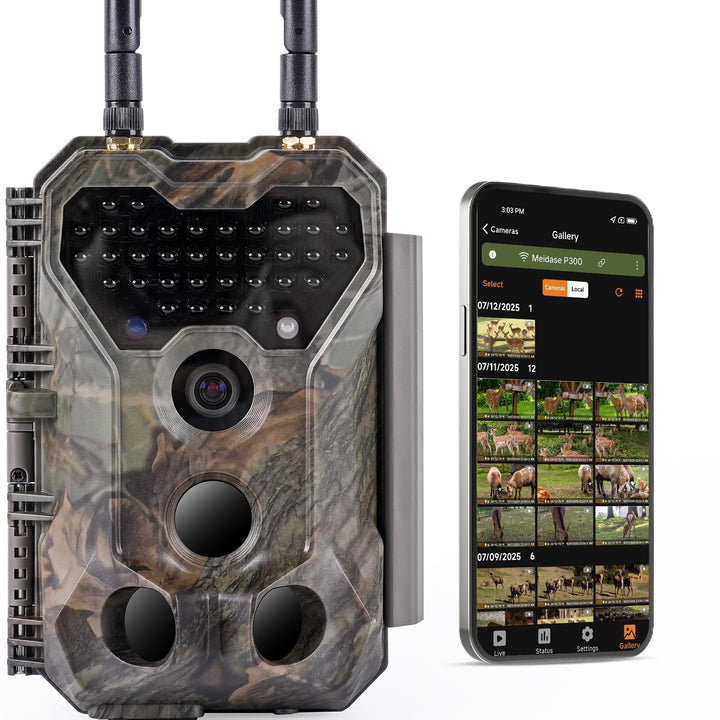 Meidase P300 Wildkamera, WiFi Bluetooth 50m Verbindungsreichweite, Dual Antenne, 64mp 1296p, Nachtse
