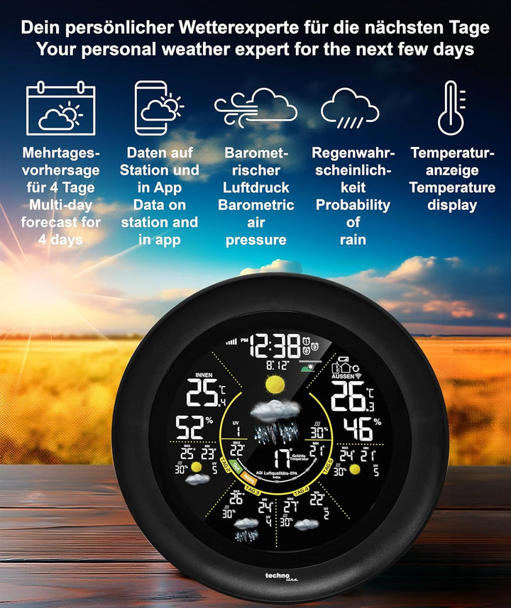 WD3040 Internetwetterstation, elegantes Sonder-Design, regionale Wettervorhersage, Temperaturen, Nut