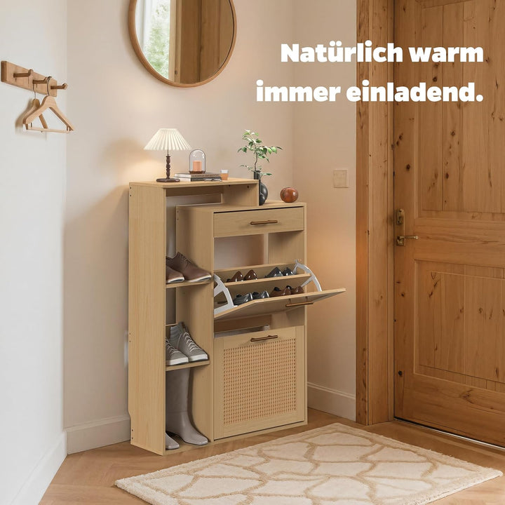 Schuhschrank schmal Holzoptik & handgefertigtes Rattan, moderner Schuhschrank mit Schublade – für Fl