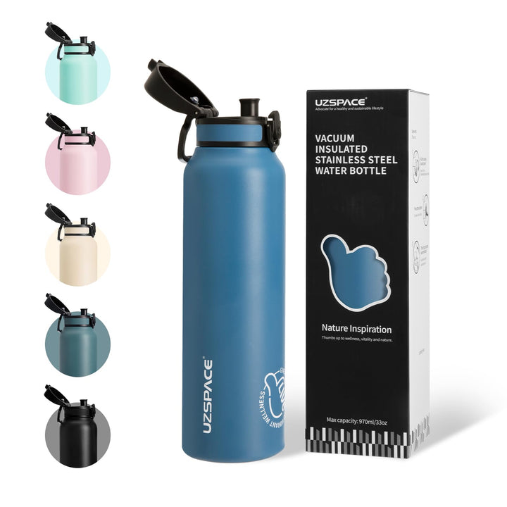 UZSPACE Edelstahl Trinkflasche 1l (970ml), Isolierte Thermosflasche mit 1-Klick-Öffnung, 100% Auslau