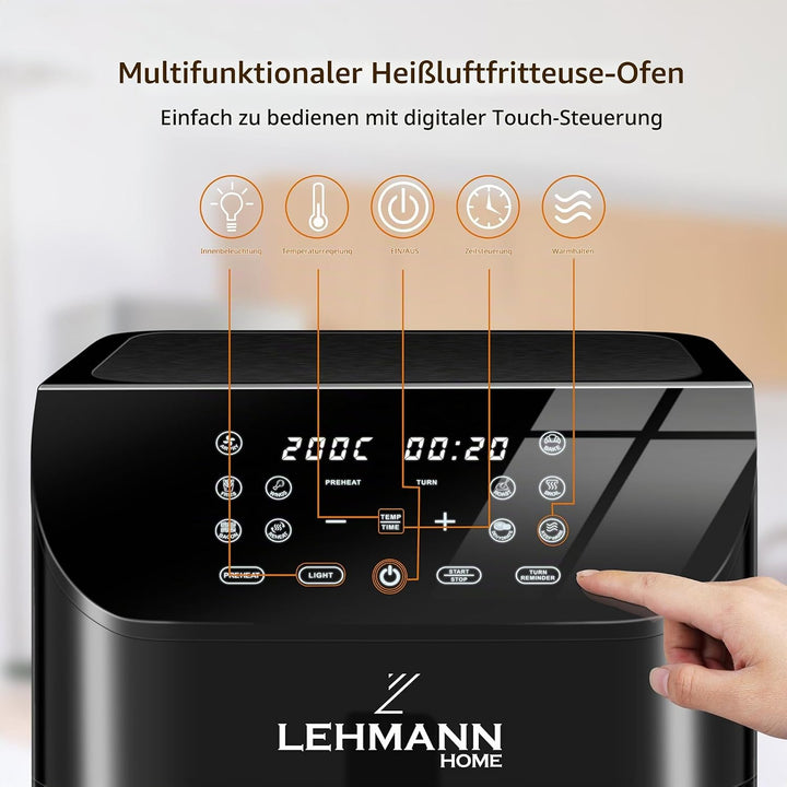 LEHMANN Heissluftfritteuse 8L, Airfryer mit Sichtfenster, Trenneinsatz für 2 Kammern, 12 Programmen,