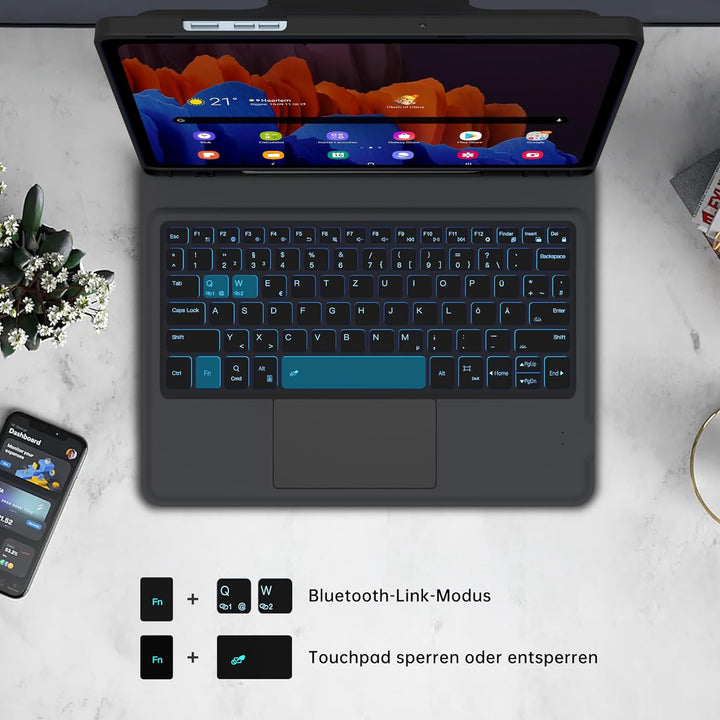 Für Samsung Galaxy Tab A11+/A9+ 11 Zoll Hülle mit Tastatur - Folio 7 Farbige Beleuchtete Tablet Cove