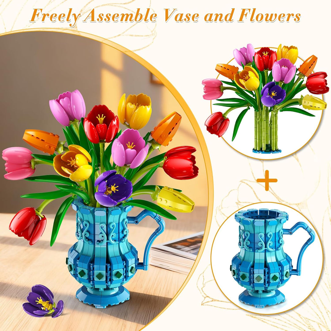 Blumenstrauss Bausatz mit Vase – Tulpen Blumen Bonsai Set für Erwachsene, Geschenk zum Valentinstag