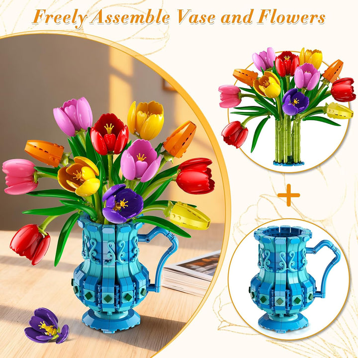 Blumenstrauss Bausatz mit Vase – Tulpen Blumen Bonsai Set für Erwachsene, Geschenk zum Valentinstag