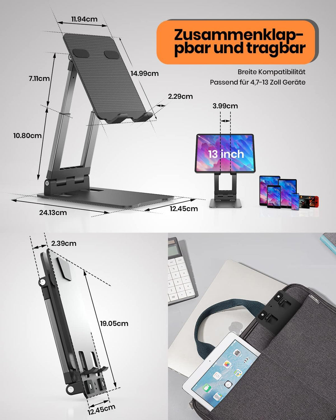 Stabiler Tablet Ständer,Klearlook Faltbarer Tablet Halter mit einstellbarer Höhe/Winkel, Aluminium U