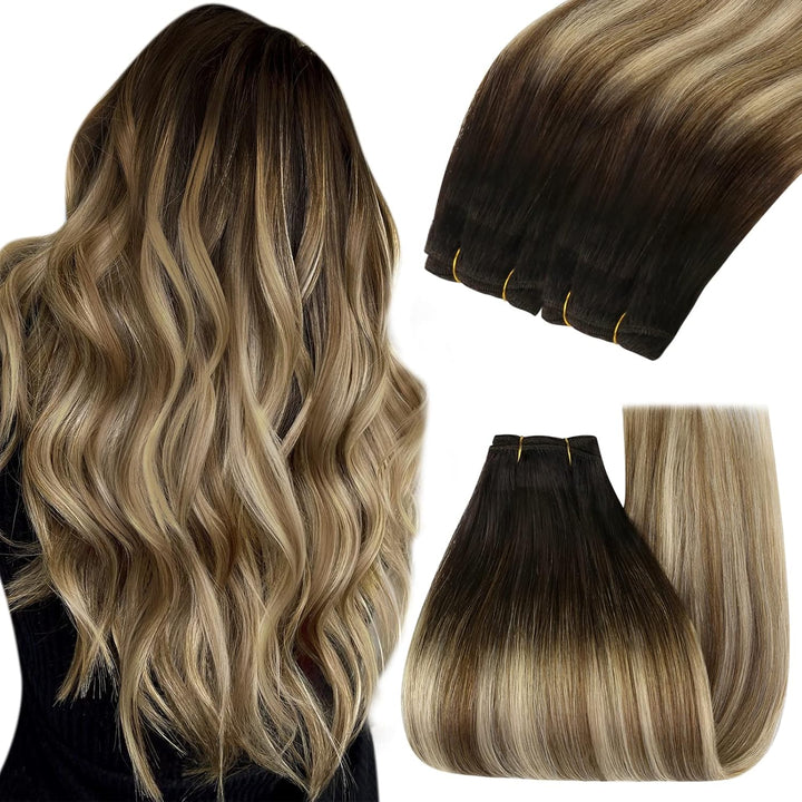 YoungSee Tressen Echthaar Balayage Echthaar Tressen zum Einnahen Braun Balayage Blond Weave Extensio
