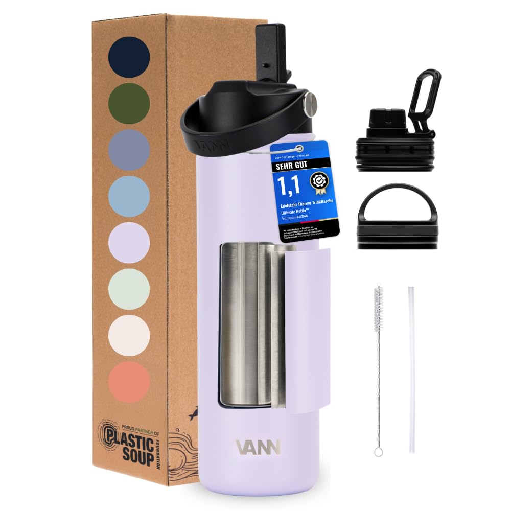 VANN Trinkflasche 650ML mit Strohhalm - 3fach isoliert [24h kalt 12h warm] Love Lila 650 ml, Love Li