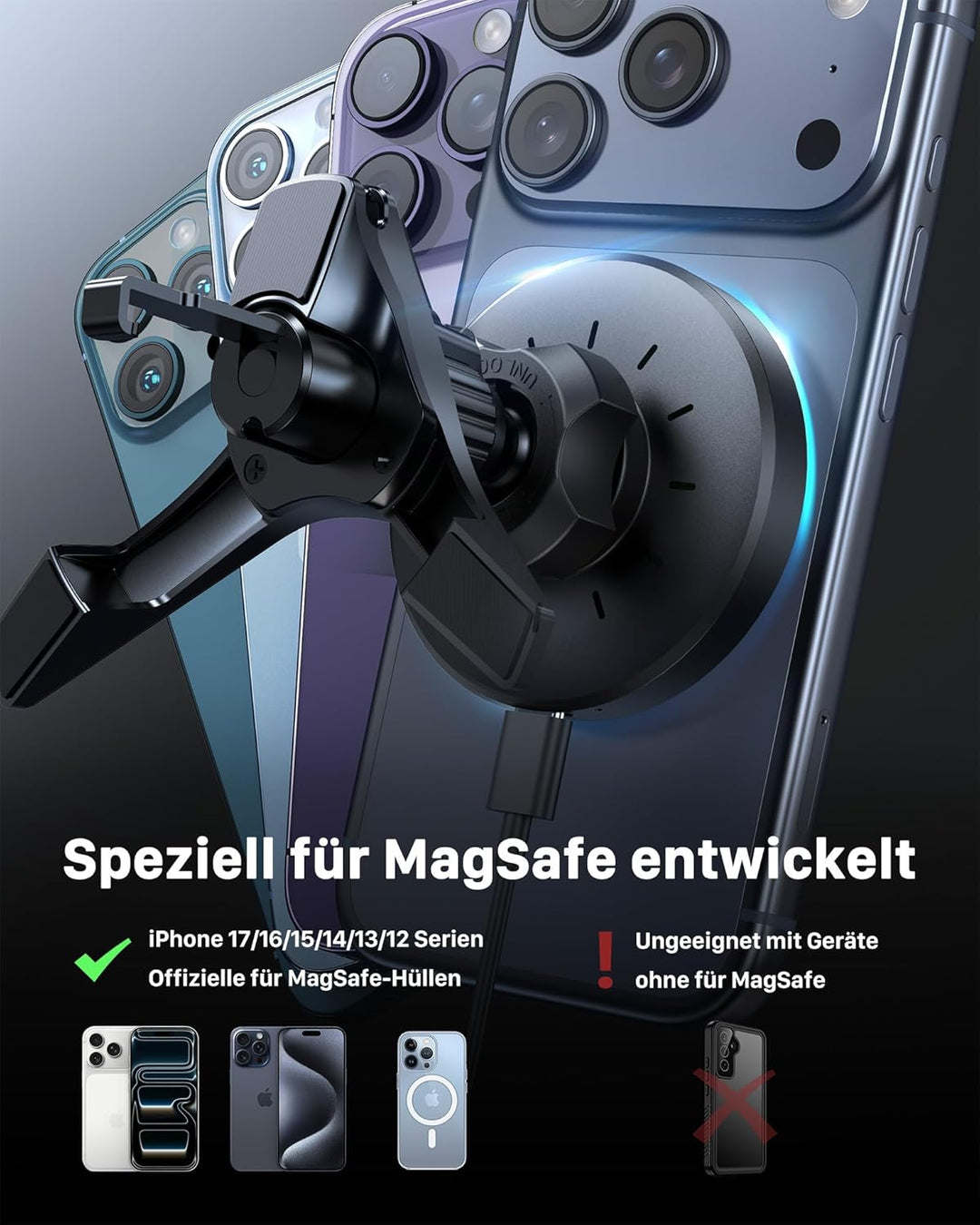 YOSH für MagSafe Autohalterung 15W Handyhalterung Auto mit Ladefunktion, für Runde Lüftung, kompatib