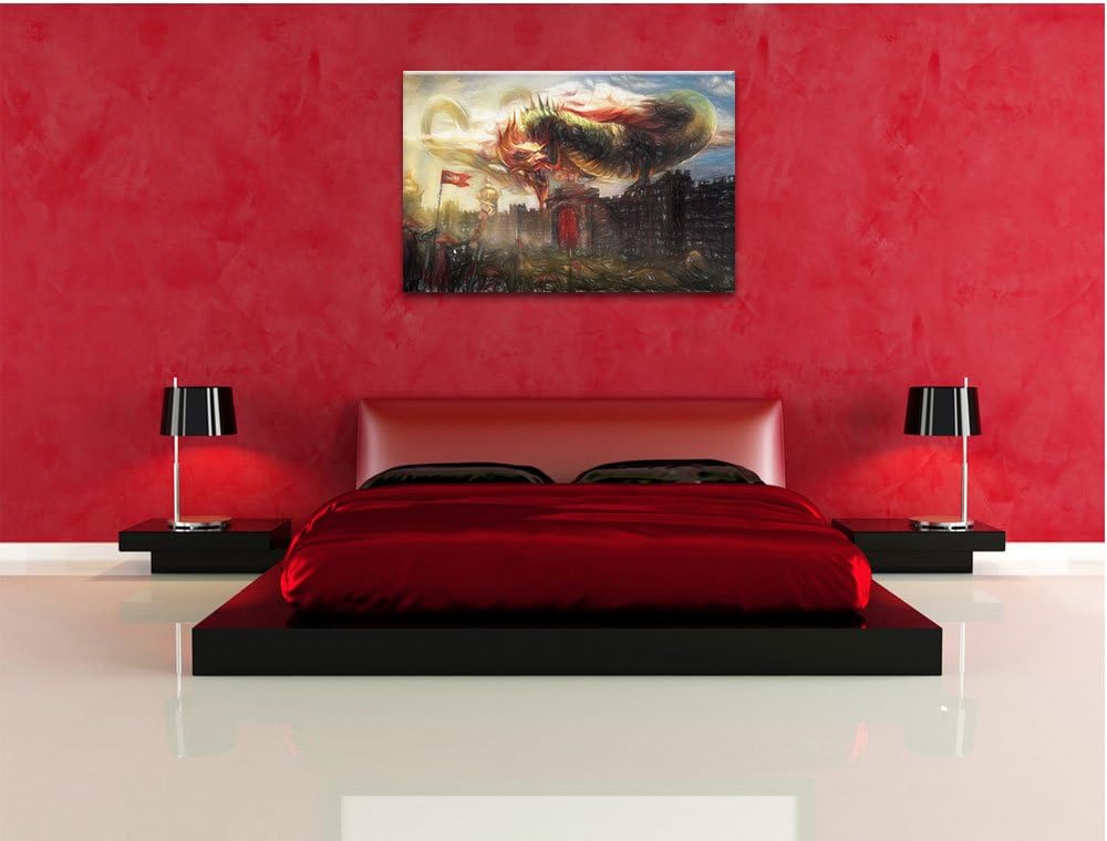 Pixxprint Drache über der Festung als Leinwandbild/Grösse: 100x70 / Wandbild/Kunstdruck/fertig bespa