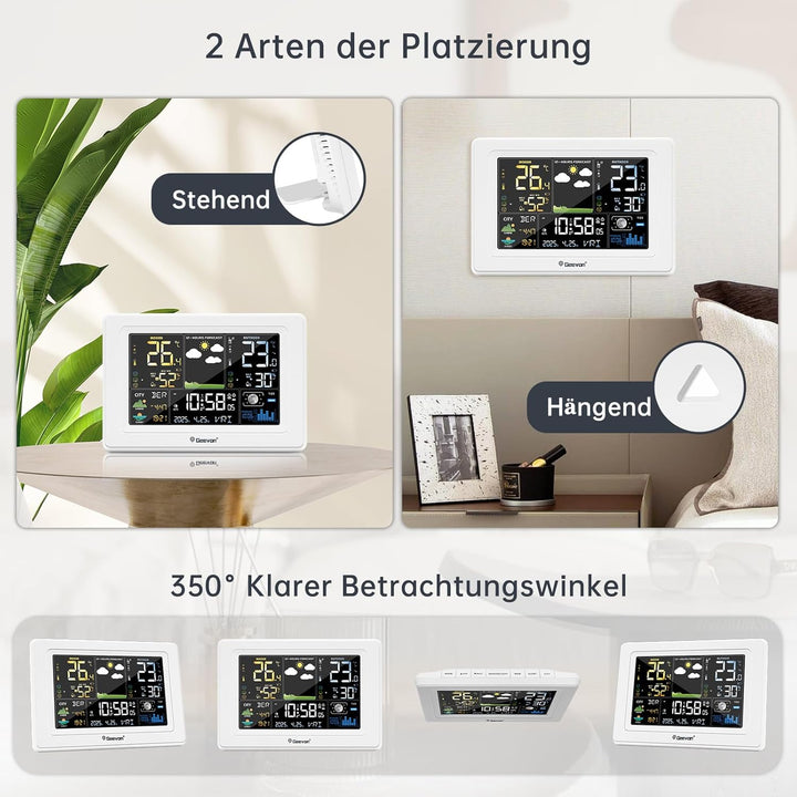 Geevon Wetterstation mit DCF Funkaussensensor, Farb VA Display, Wettervorhersage und Komfortanzeige,