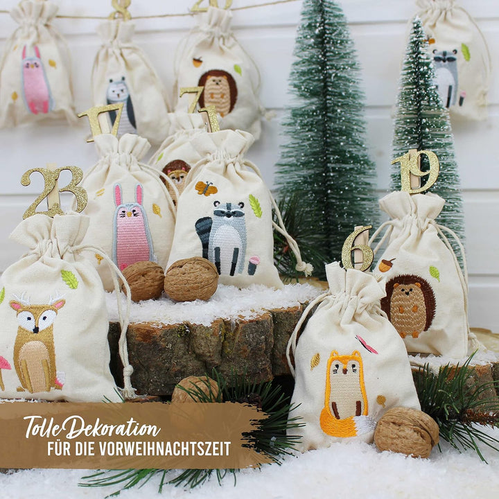 Papierdrachen 24 Adventskalender Stoffsäckchen zum Befüllen - mit goldenen Holzzahlen - Stoffbeutel