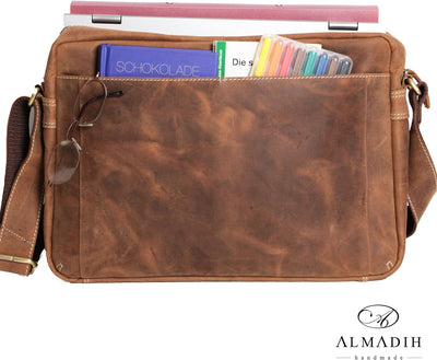 ALMADIH XL echt Leder Messenger 17" Laptop-Fach braun Vintage M28 Laptoptasche Aktentasche viele Fäc