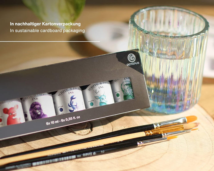 Octopus Write &amp; Draw Ink BASIC BRIGHT, 6x10 ml mit Zeichenfeder | Brillante wasserfeste Tinten mit H