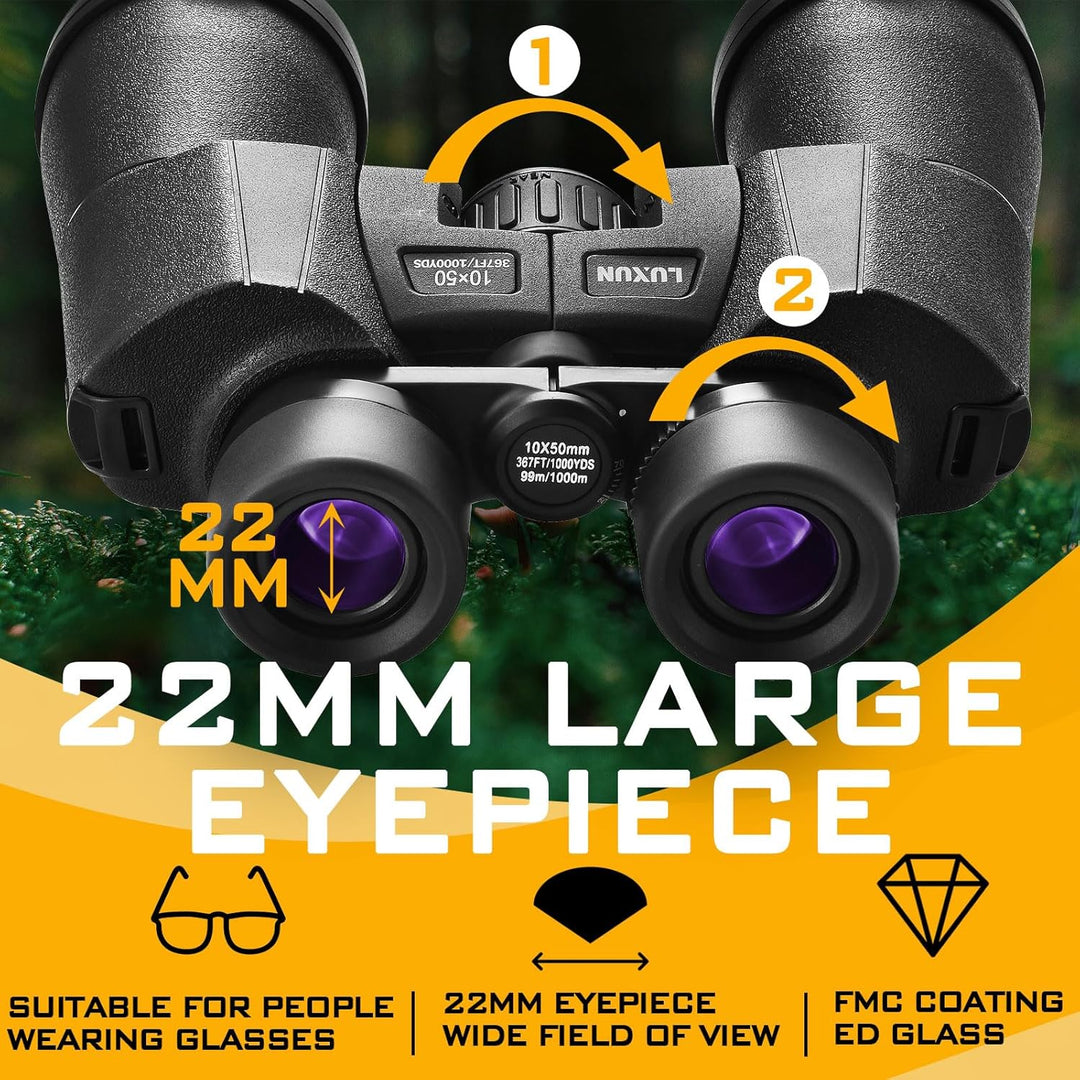 LUXUN Fernglas 10x50, Fernglas für Erwachsene mit Trageriemen, Tasche, 22mm ED Augenmuschel, BAK4 FM