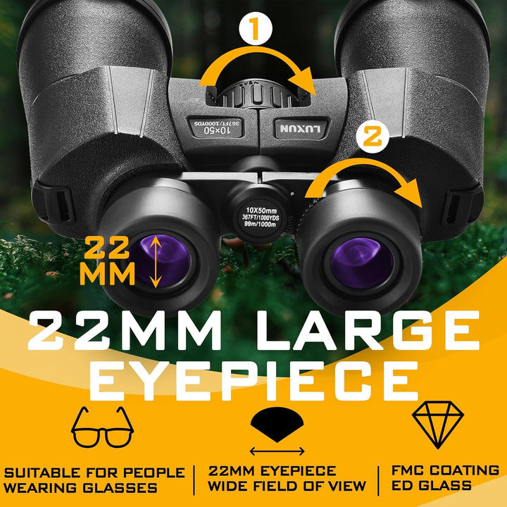 LUXUN Fernglas 10x50, Fernglas für Erwachsene mit Trageriemen, Tasche, 22mm ED Augenmuschel, BAK4 FM