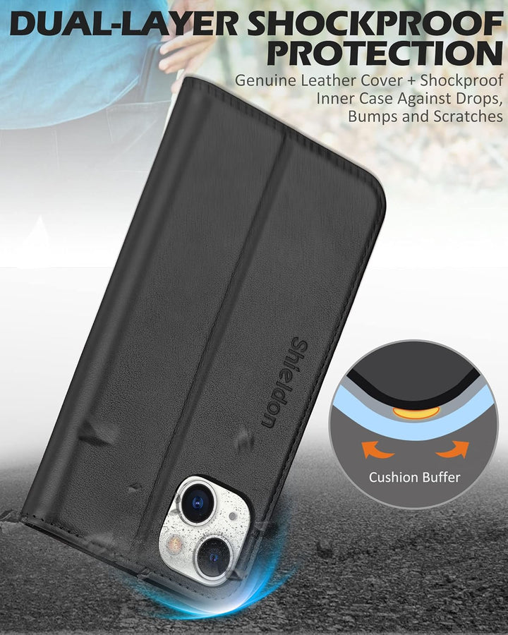 SHIELDON Hülle für iPhone 14 Plus 5G Handyhülle [Erstklassig Echtleder] [Kartenfach] [Magnet] [Stand