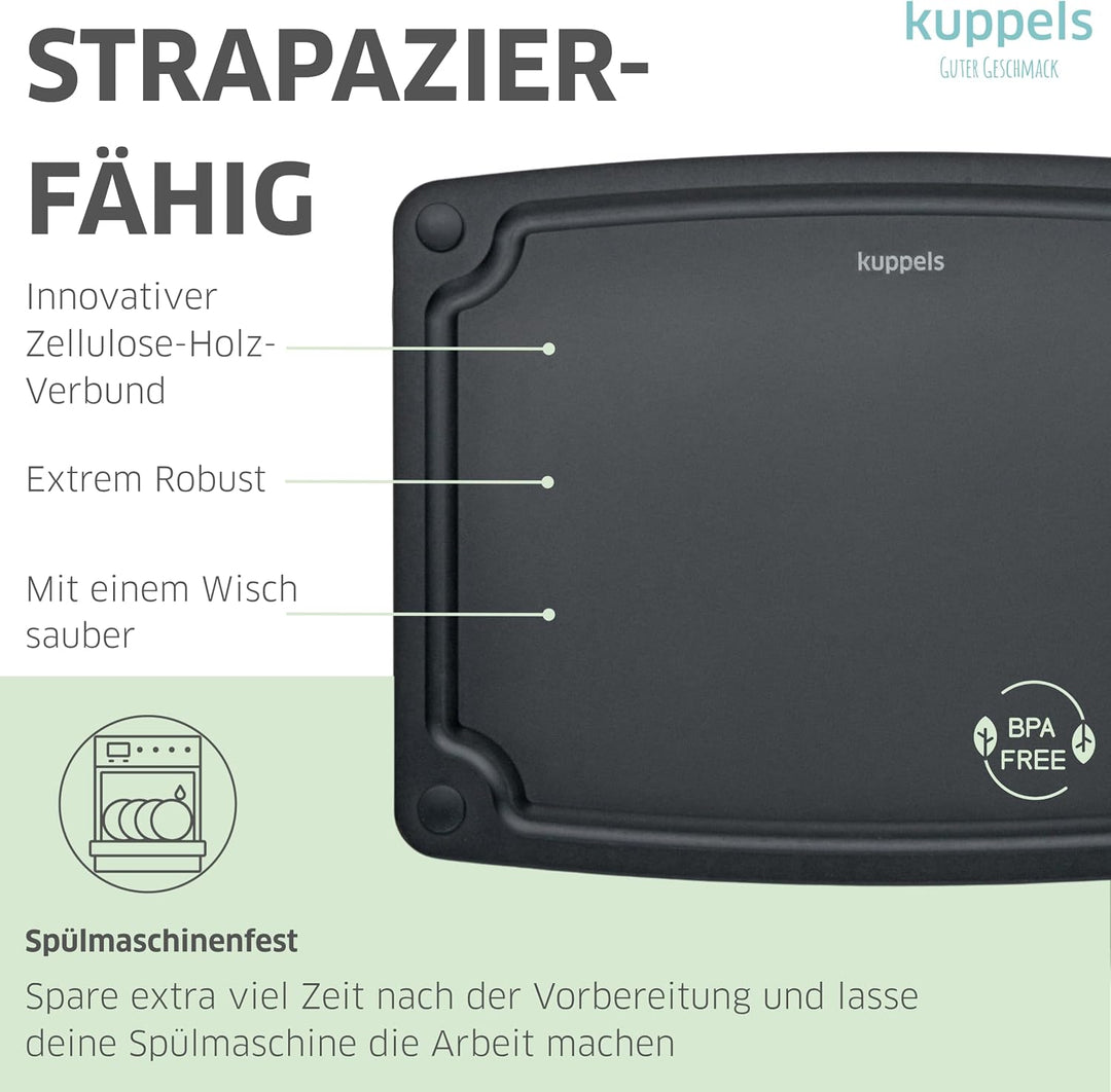 Kuppels NERO Holzfaser Schneidebrett ohne Plastik Gross, Küchenbrett mit Saftrille und Silikonfüssen