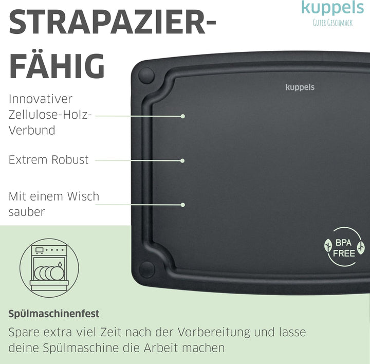 Kuppels NERO Holzfaser Schneidebrett ohne Plastik Gross, Küchenbrett mit Saftrille und Silikonfüssen