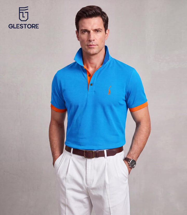 GLESTORE Poloshirt Herren Männer Hemd Herren Kurzarm Shirt Sommer L Blau&amp;orange, L Blau&amp;orange