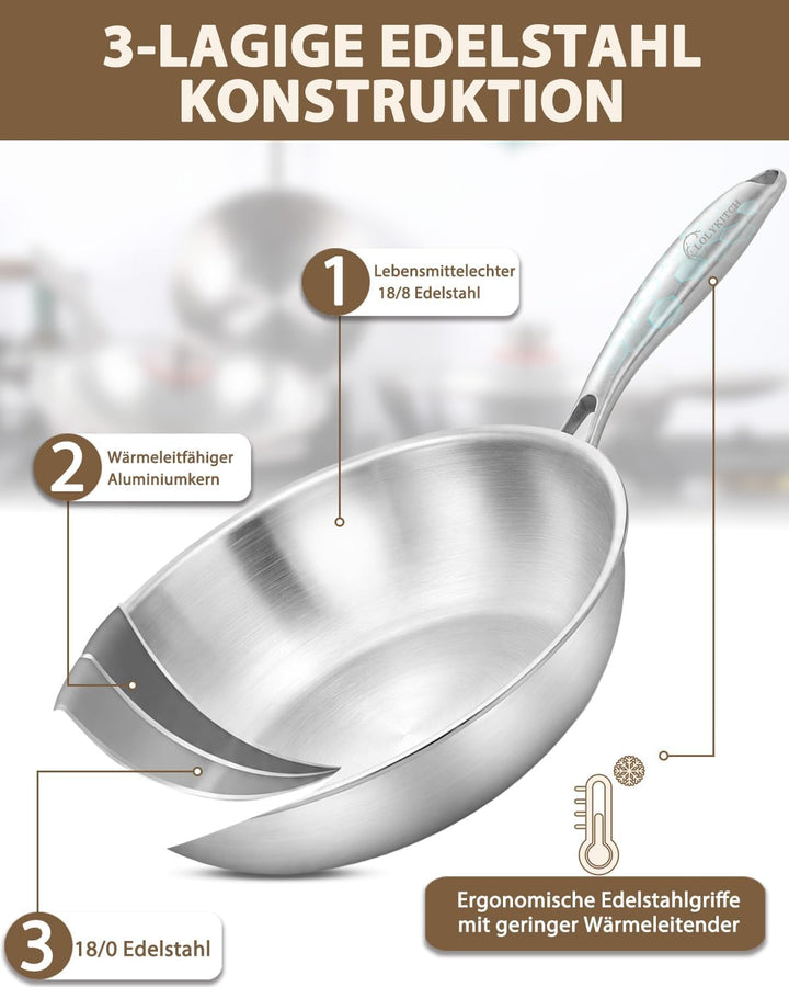 LOLYKITCH Wok 30 cm, unbeschichtete Edelstahl-Wokpfanne mit Glasdeckel | Abnehmbarer Griff | Tri-Ply