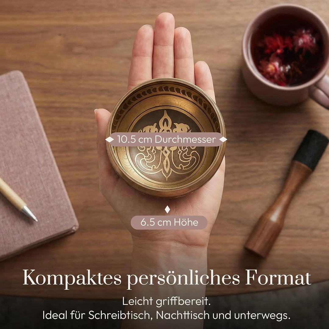 Silent Mind Klangschale Ø10cm Bronze – Handgefertigtes Komplett-Set mit Kissen und Klöppel, für Anfä