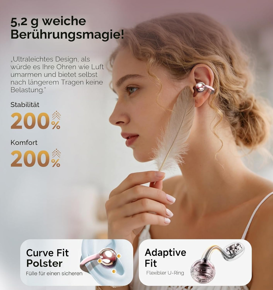 King Lucky Open-Ear-Kopfhörer Kabellos Bluetooth 6.0–Clip-On-Ohrhörer mit Mikrofon,50h Spielzeit,ENC