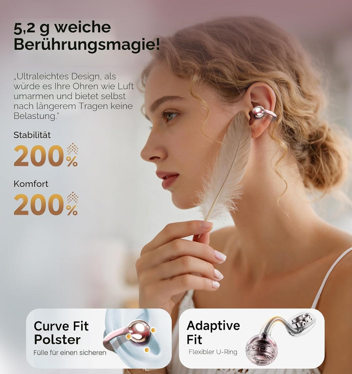 King Lucky Open-Ear-Kopfhörer Kabellos Bluetooth 6.0–Clip-On-Ohrhörer mit Mikrofon,50h Spielzeit,ENC