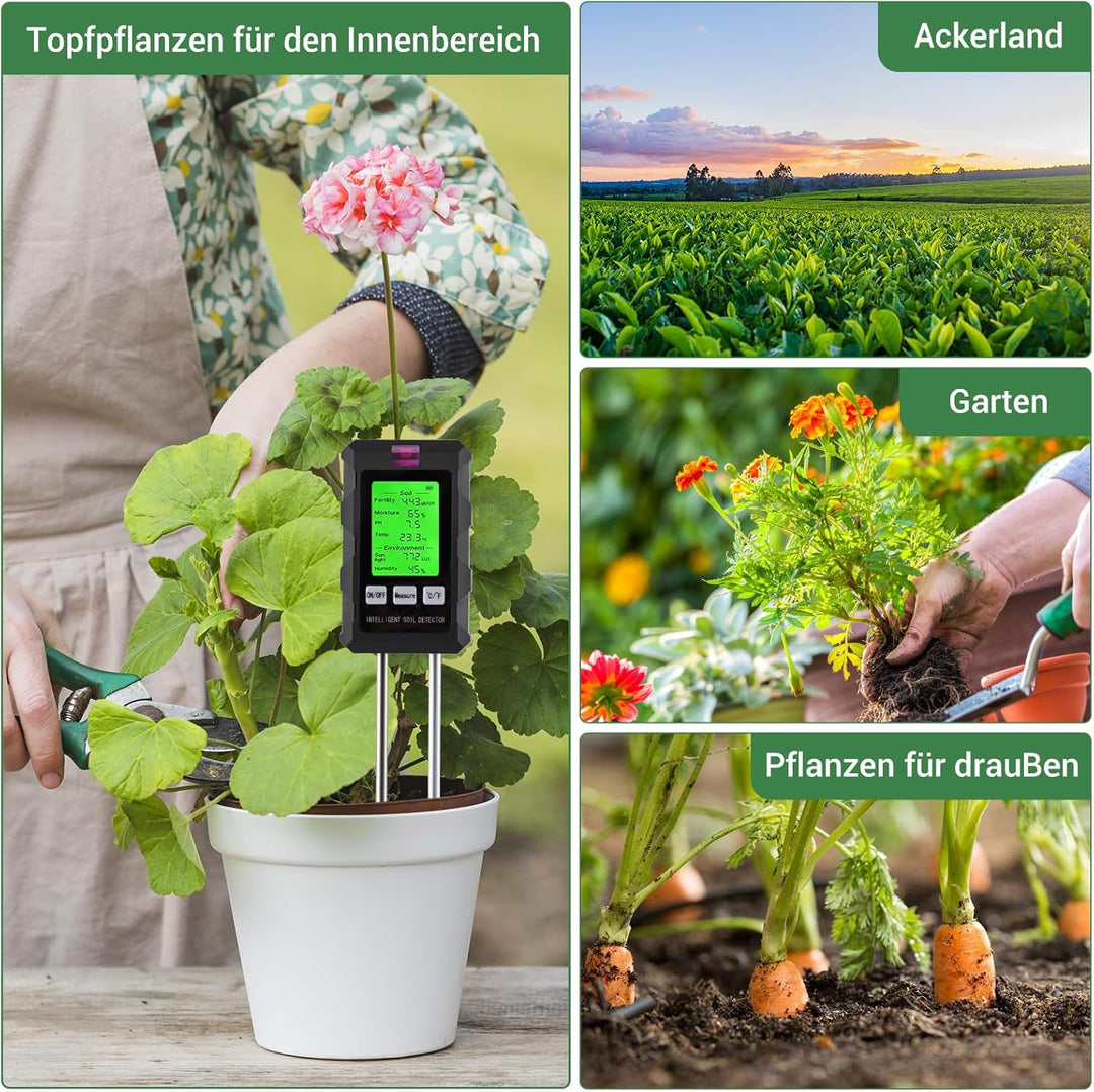 6 in 1 Bodentester, Präzises Digitales Messgerät für pH-Wert, Feuchtigkeit, Fruchtbarkeit, Licht, Te