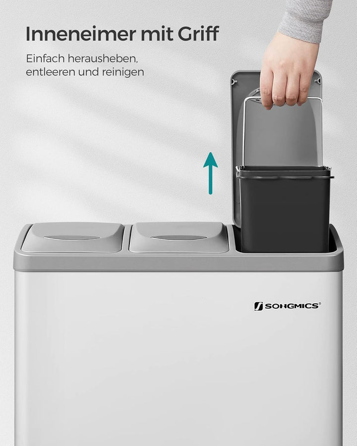 SONGMICS Mülleimer für die Küche, 3 x 8 L, Abfalleimer aus Metall, 3-in-1 Treteimer, Mülltrennung, M