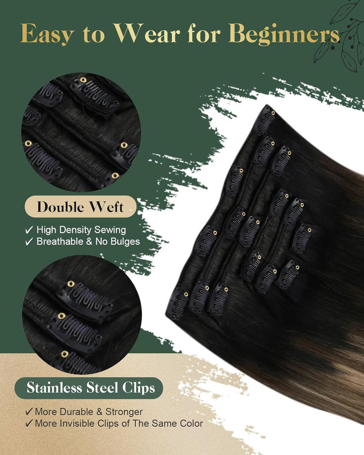 Ugeat Clip in Extensions Echtes Haar Haarverlängerungen 35cm 120g Clip in Schwarz bis Braun und Kara