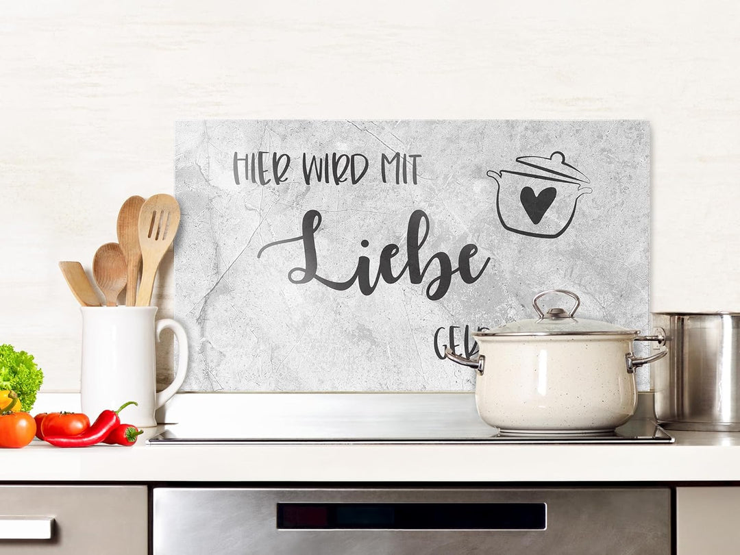GRAZDesign Spritzschutz Küchenrückwand Glas Küche für Herd & Küchenspüle, Grau Steinoptik und Spruch