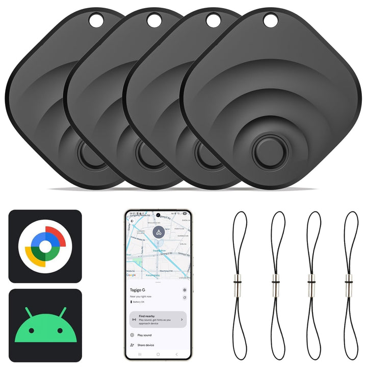 Reyke Smart Tag, kompatibel mit Google Find Hub, Android, Schwarz, 4er-Pack | Bluetooth-Tracker für