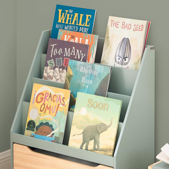 SoBuy Kinder Bücherregal Kinderregal mit 4 Ablagefächern und Einer herausnehmbaren Spielzeugtruhe Au