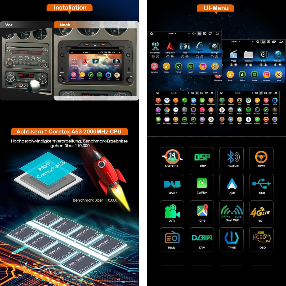 Erisin 8-Kern Android 14 DAB+ Autoradio 4GB RAM+64GB ROM Navigation Für Alfa Romeo 159 Spider Brera