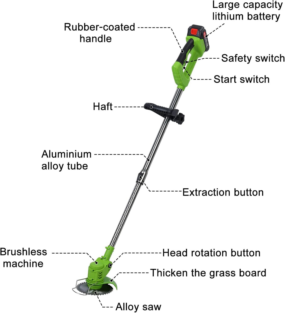 Akku Elektro Rasentrimmer, 3 in 1 Multifunktionales Handgeführter Trimmgerät, D-förmiger Griff 2 Räd