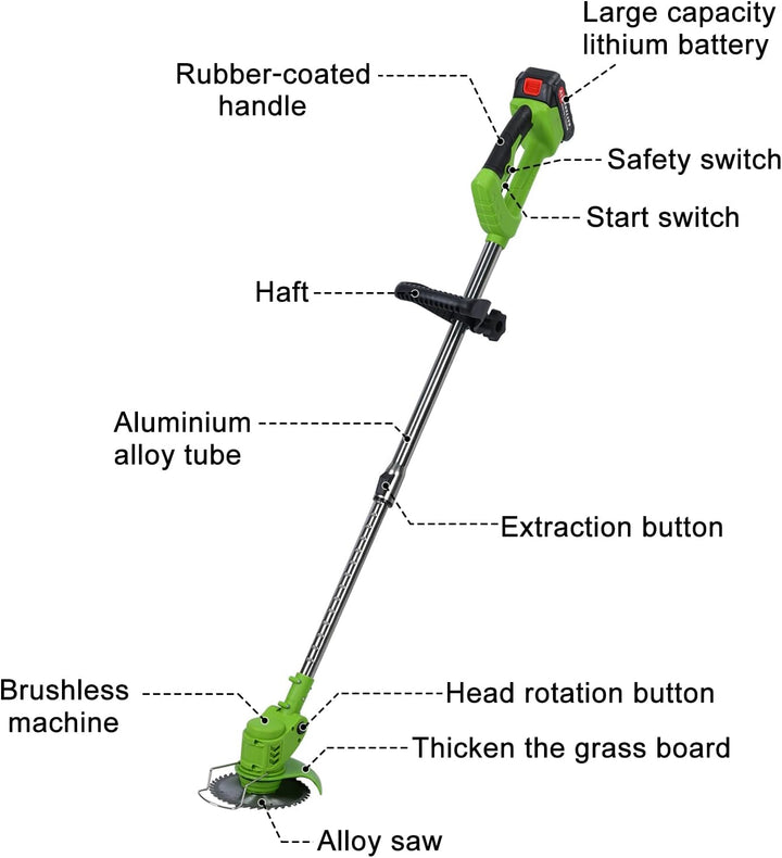 Akku Elektro Rasentrimmer, 3 in 1 Multifunktionales Handgeführter Trimmgerät, D-förmiger Griff 2 Räd