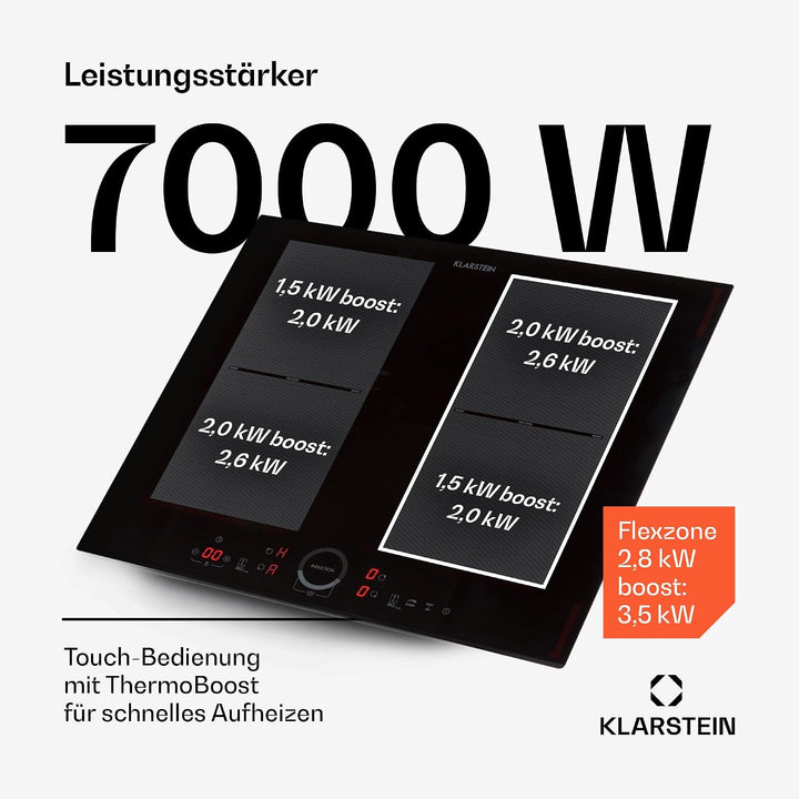 Klarstein Induktionskochfeld 4 Platten, Glaskeramik Kochfeld zum Einbauen, Touch-Display, Digitalanz