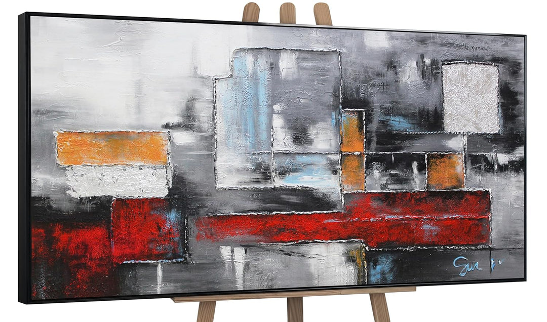 YS-Art Abstrakt Acryl Gemälde auf Leinwand Abstraktion in rot-grauen Farben handgemalt Wandbilder Wo