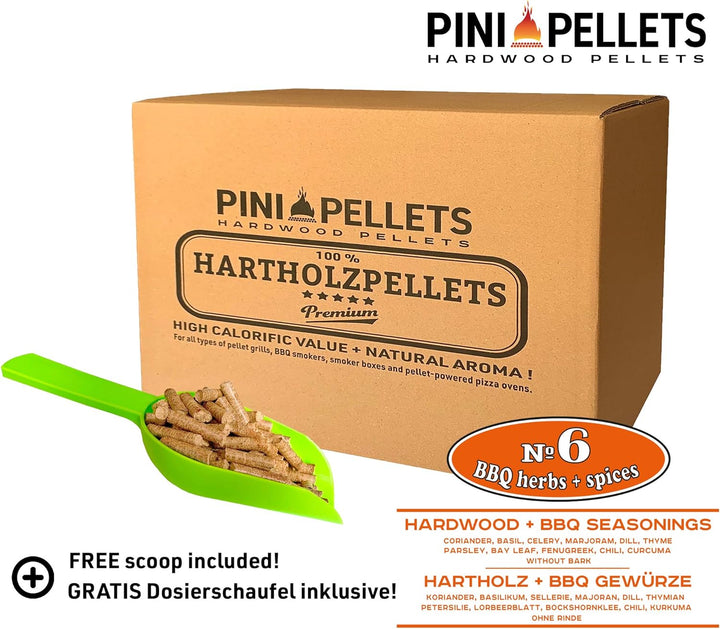 PINI Hartholz Pellets mit Gewürzen № 6 BBQ Gewürze 10 Kg zum Grillen Räuchern Smoken
