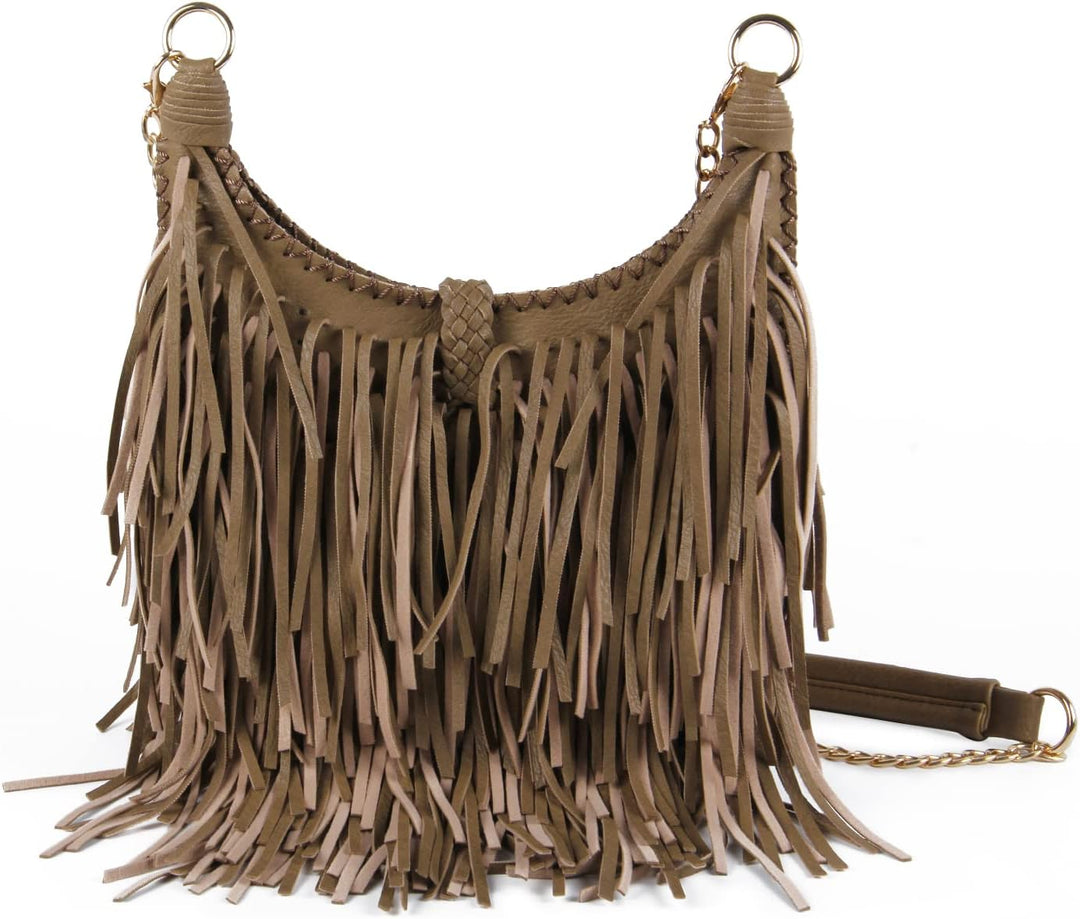LUI SUI Damen handgefertigte Leder Franse Quaste Crossbody Hobo Schultertasche Umhängetaschen (Khaki