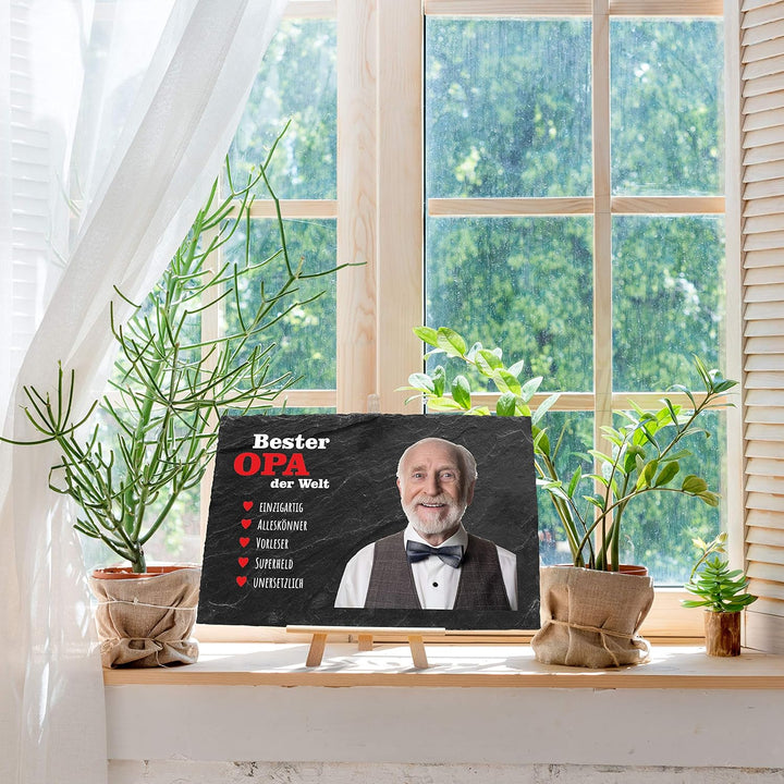 wandmotiv24 Schiefertafel Bester Opa mit Holz-Staffelei, Personalisiert mit Farb-Foto, Digitaldruck,