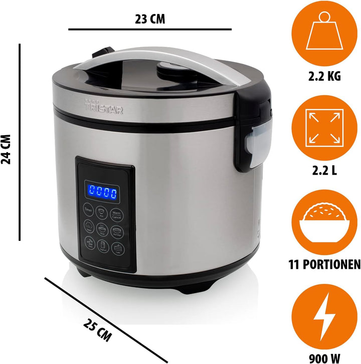 Tristar Reis- und Dampfgarer XL (2,2 L), 24 h Warmhaltefunktion, 7 Programme, Digitales Bedienfeld,