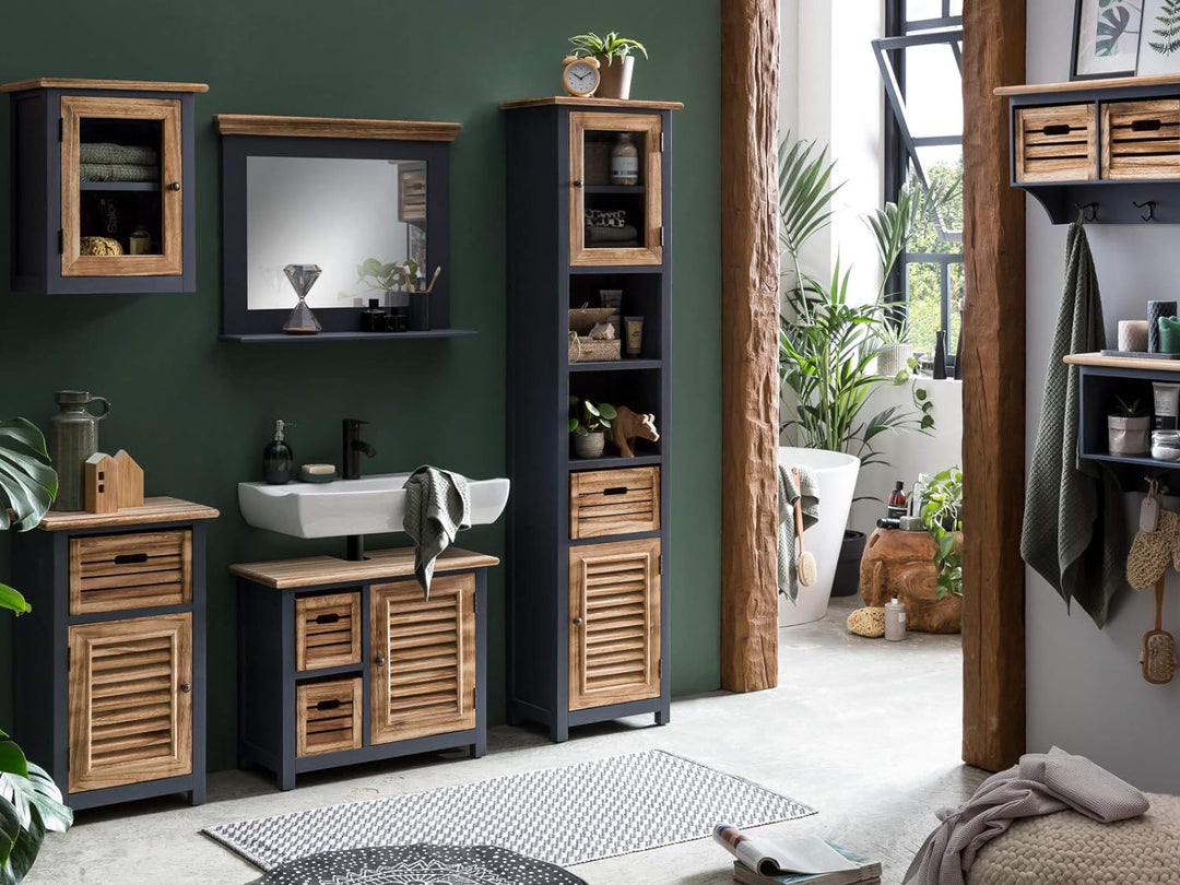 Woodkings® Wandregal Kansas Holz mit Ablage Schubladen und Haken Wandboard Badmöbel Badezimmermöbel