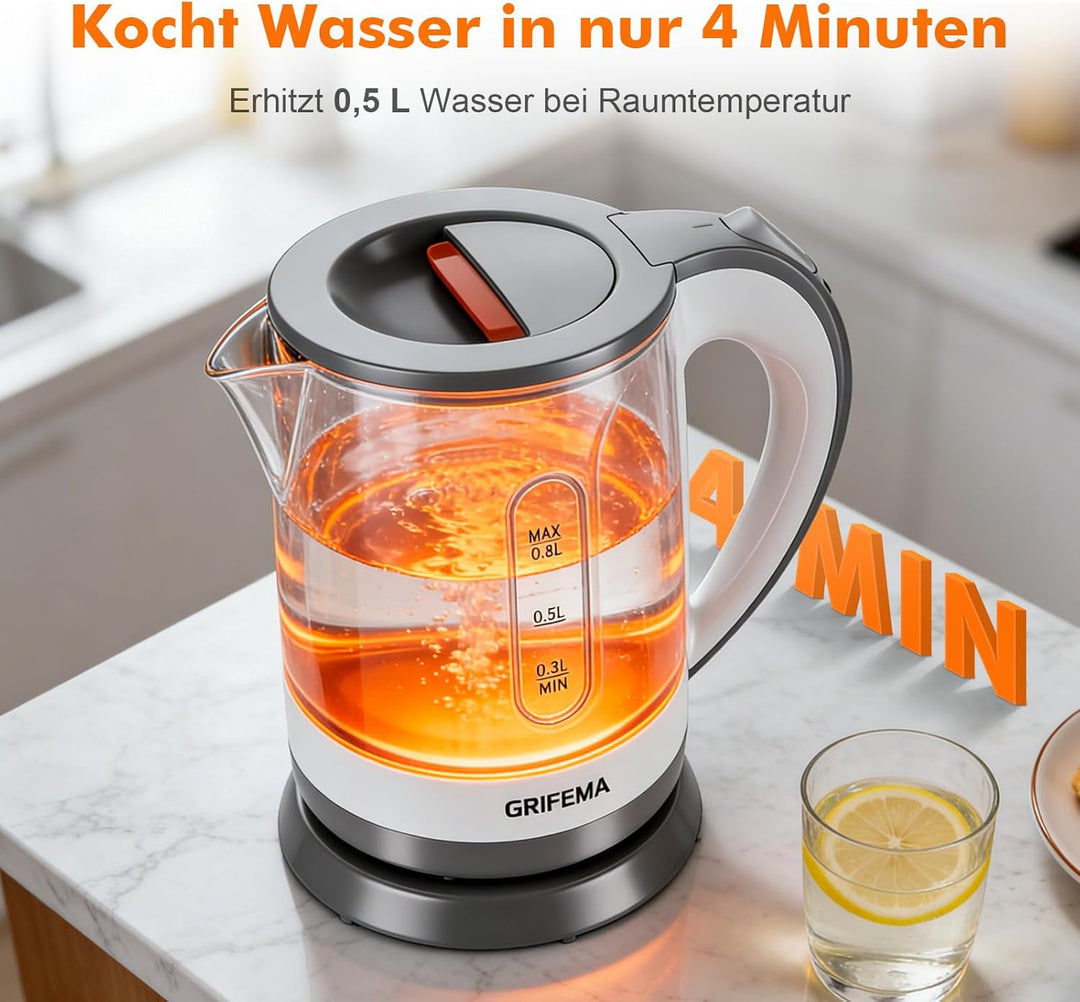 GRIFEMA Wasserkocher Klein, 0,8L, 1100W - Teekocher Elektrisch mit Kalkfilter, Kettle Leise, Schnell