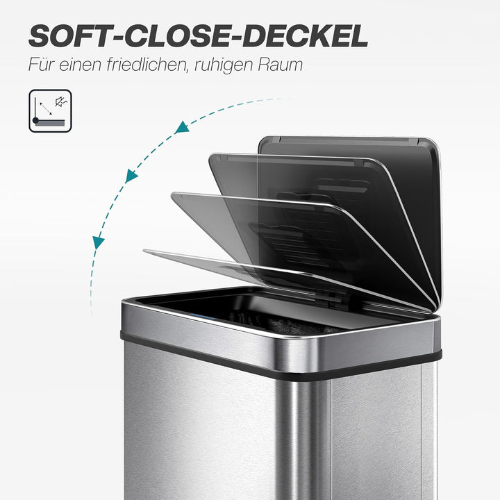 HOMCOM Mülleimer mit Sensor 60L Edelstahl Leiser Automatischer Abfalleimer mit Soft-Close-Deckel, Fi