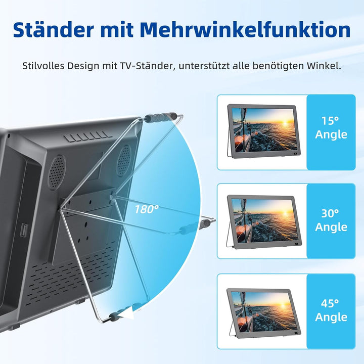DESOBRY Tragbarer 14.3-Zoll-Fernseher mit Antenne, Kleiner tragbarer Fernseher mit DVB-T2 Tuner, Min