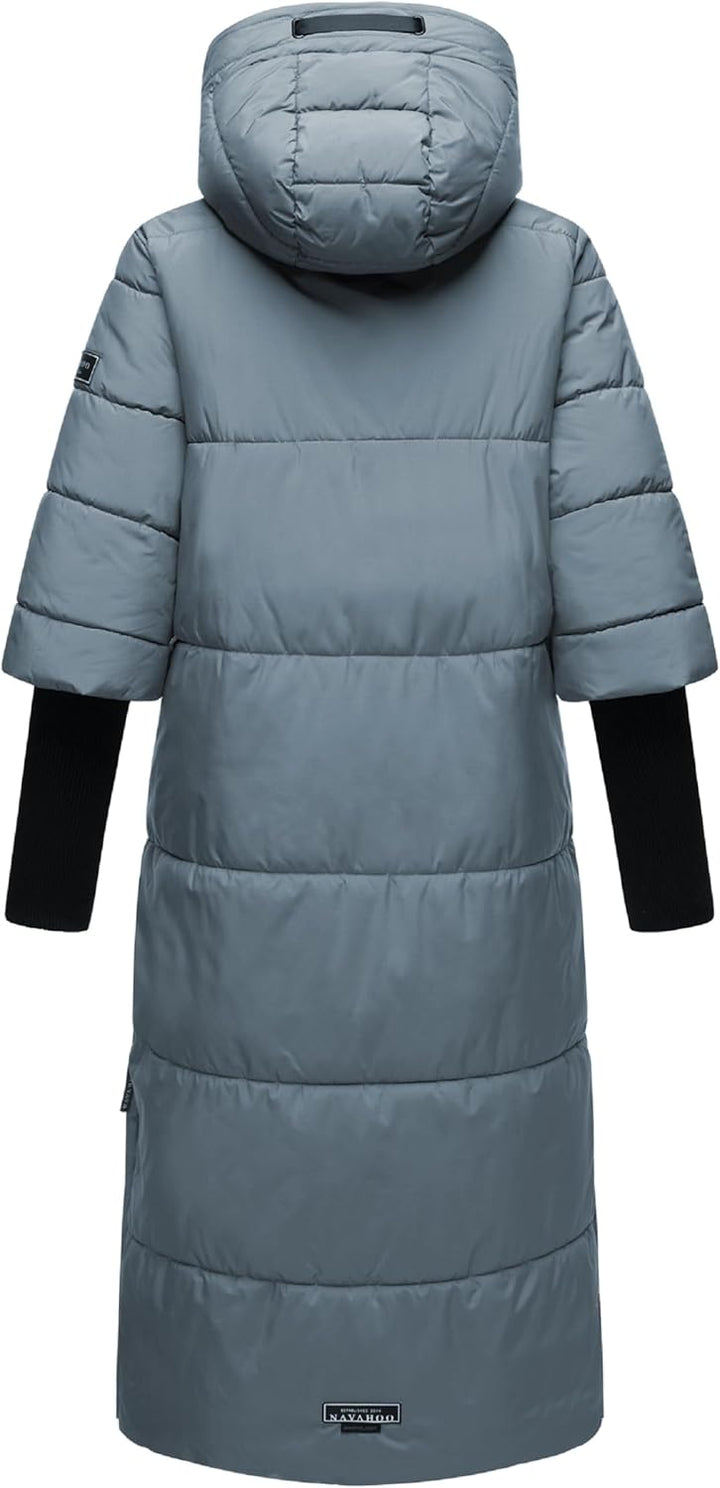 Navahoo Damen Wintermantel Warmer Steppmantel lang mit Kapuze und Rippstrickärmeln Ciao MIAU XIV XS-