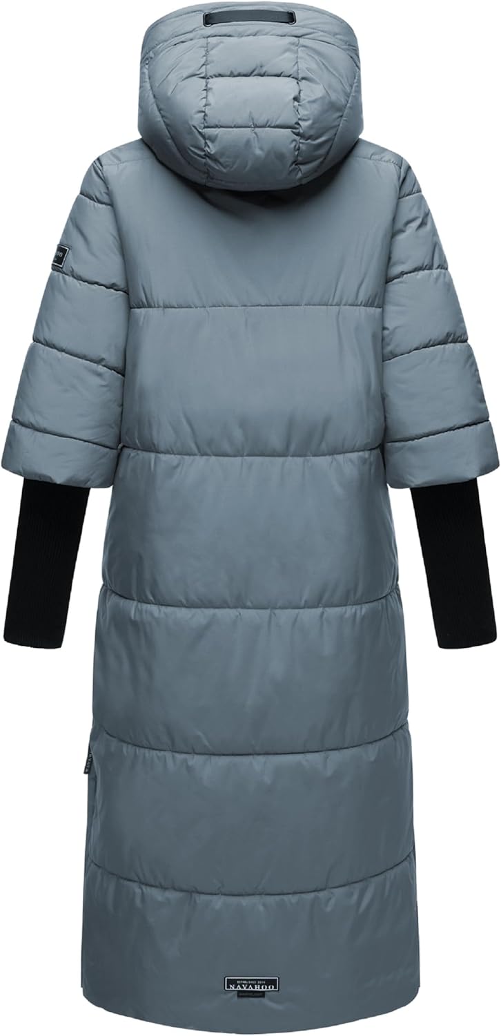 Navahoo Damen Wintermantel Warmer Steppmantel lang mit Kapuze und Rippstrickärmeln Ciao MIAU XIV XS-