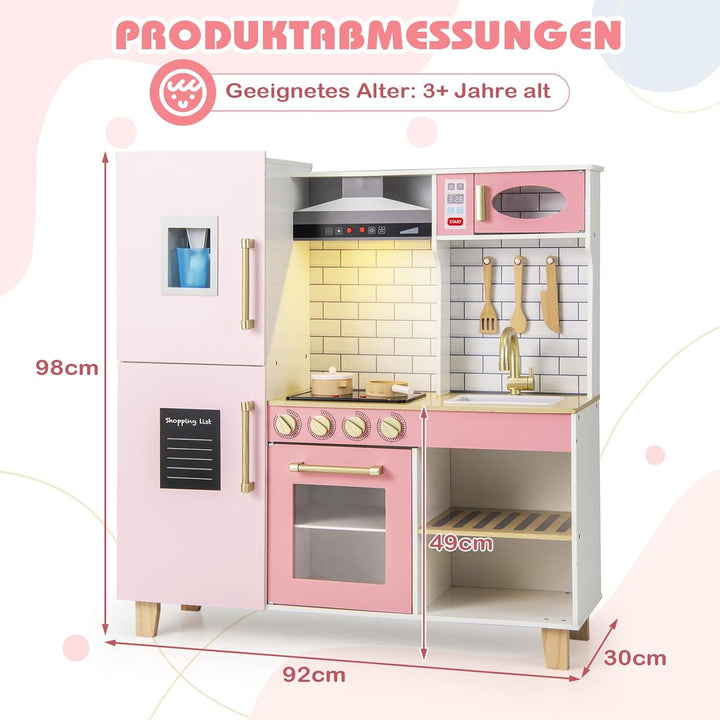 COSTWAY Kinderküche mit Zubehör, Kinder Küche mit Eismaschine & Dunstabzugshaube & Tafel & Grill & B