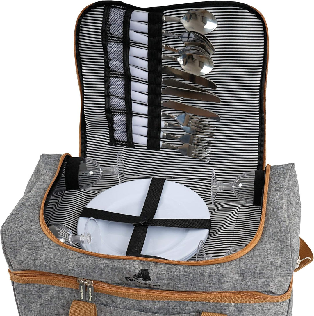 CampFeuer Picknicktasche für 4 Personen | Picknickset 20-teilig | Grau | Kühltasche mit Seitenfächer